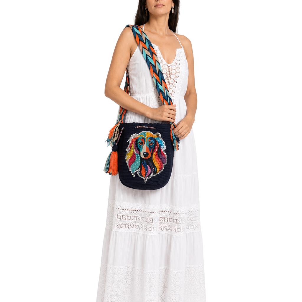 Handmade Crochet Dog Bag with Stonefix – Navy Blue Artisan Crossbody Mochila