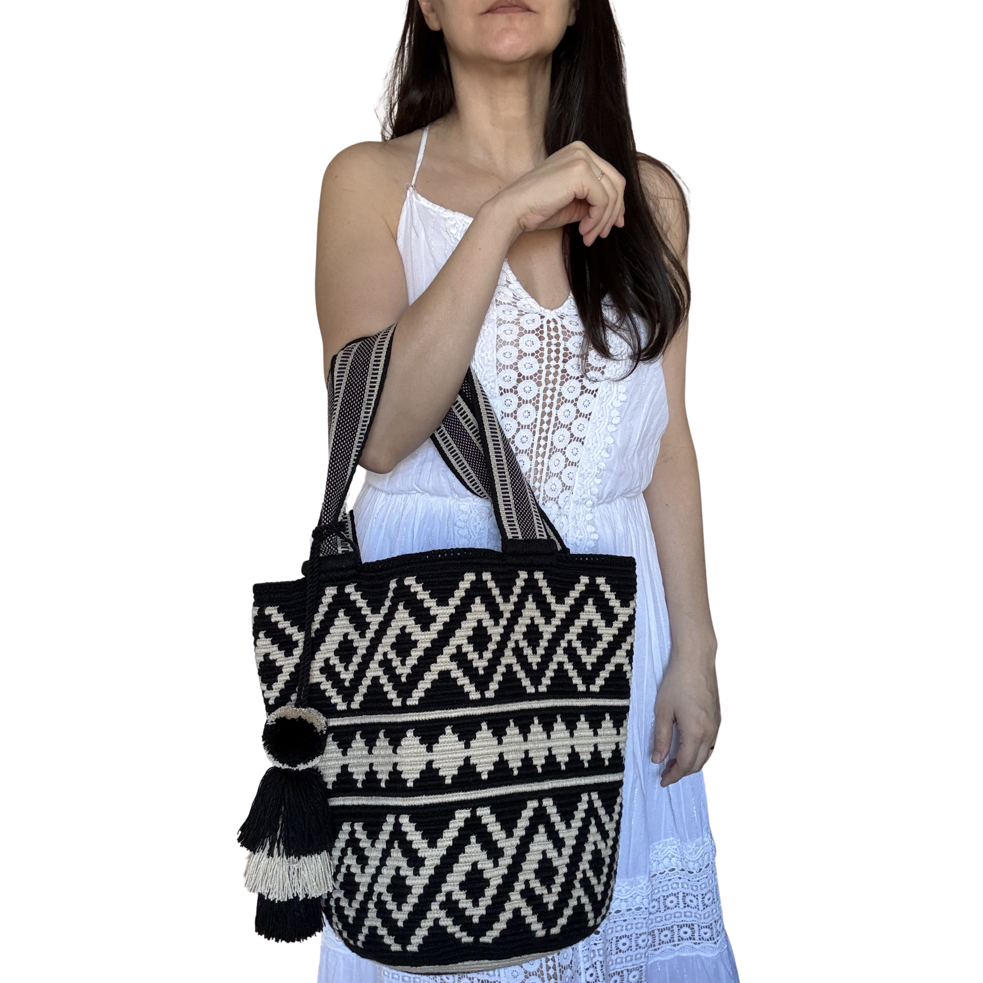 Handmade Wayuu Mochilón Tote – Black & White Geometric Vertical Bag, Artisan Shoulder Tote