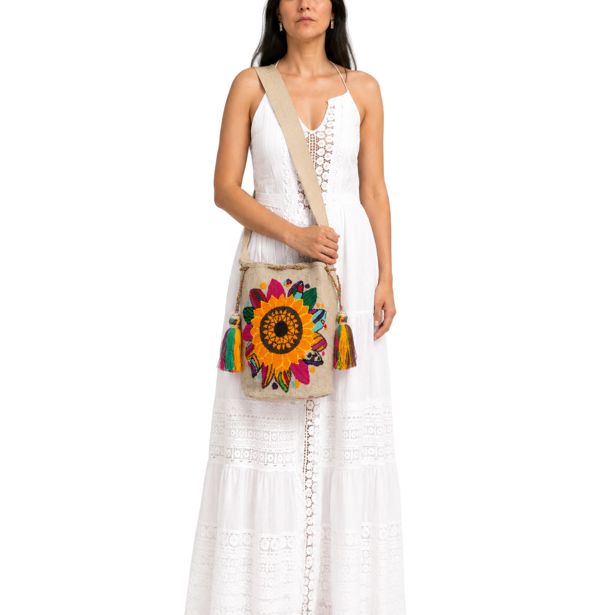 Handmade Sunflower Wayuu Crossbody Bag – Floral Artisan Crochet Mochila Purse