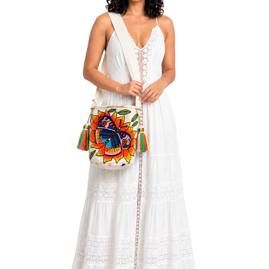 Handmade Butterfly Sunflower Wayuu Crossbody Bag – Colorful Artisan Mochila Purse