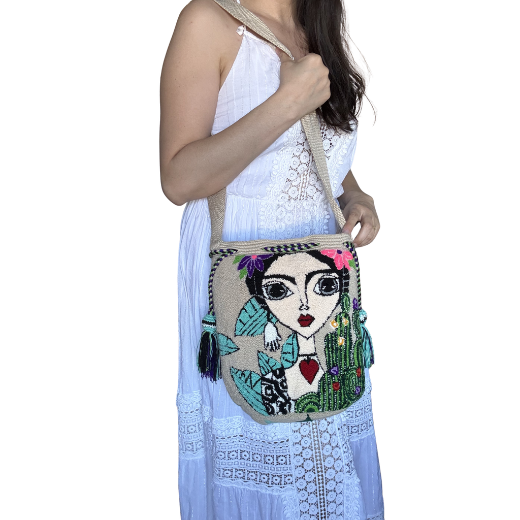 Handmade Wayuu Crossbody Bag – Frida-Inspired Desert Portrait, Artisan Boho Shoulder Bag