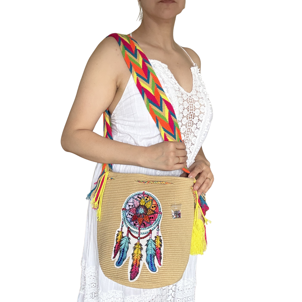Beaded Dreamcatcher Wayuu Crossbody Bag – Handmade Crochet Bucket Purse
