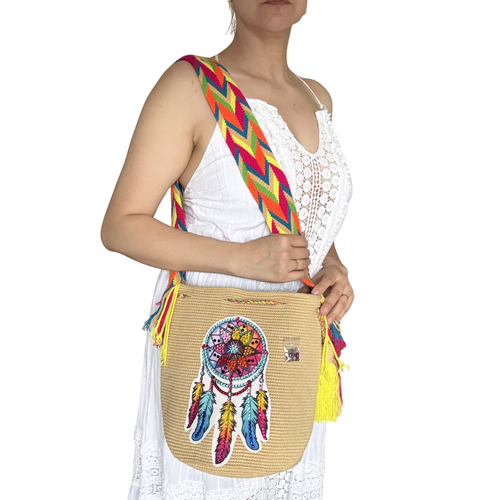 Beaded Dreamcatcher Wayuu Crossbody Bag – Handmade Crochet Bucket Purse