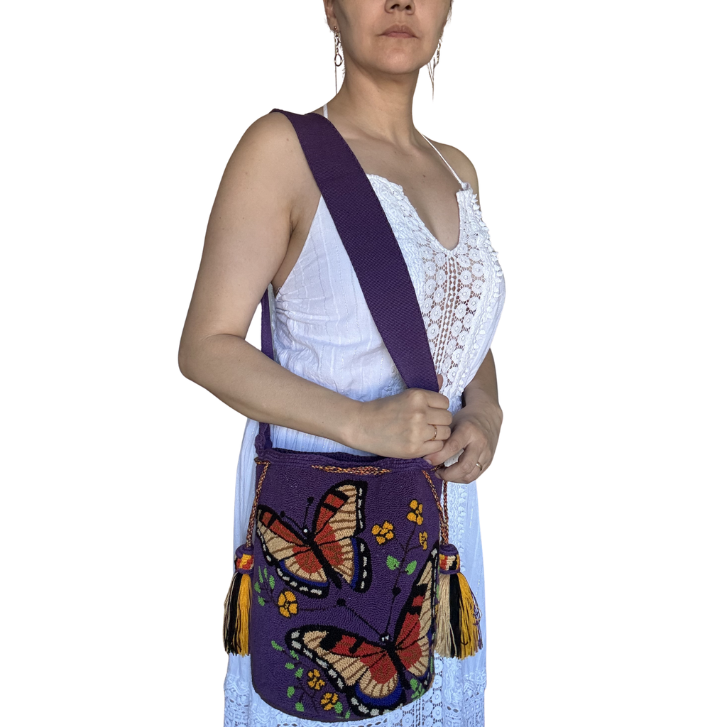 Handmade Butterfly Wayuu Bag – Deep Purple Artisan Crochet Crossbody Mochila