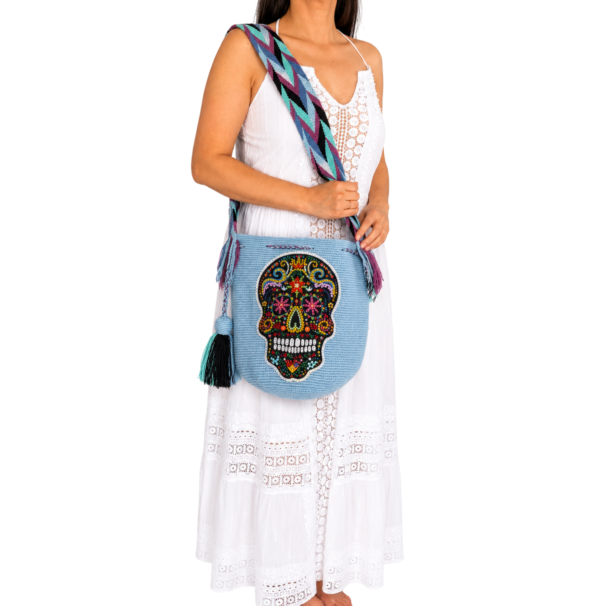 Handmade Crochet Sugar Skull Bag with Stonefix – Light Blue Bohemian Crossbody Mochila