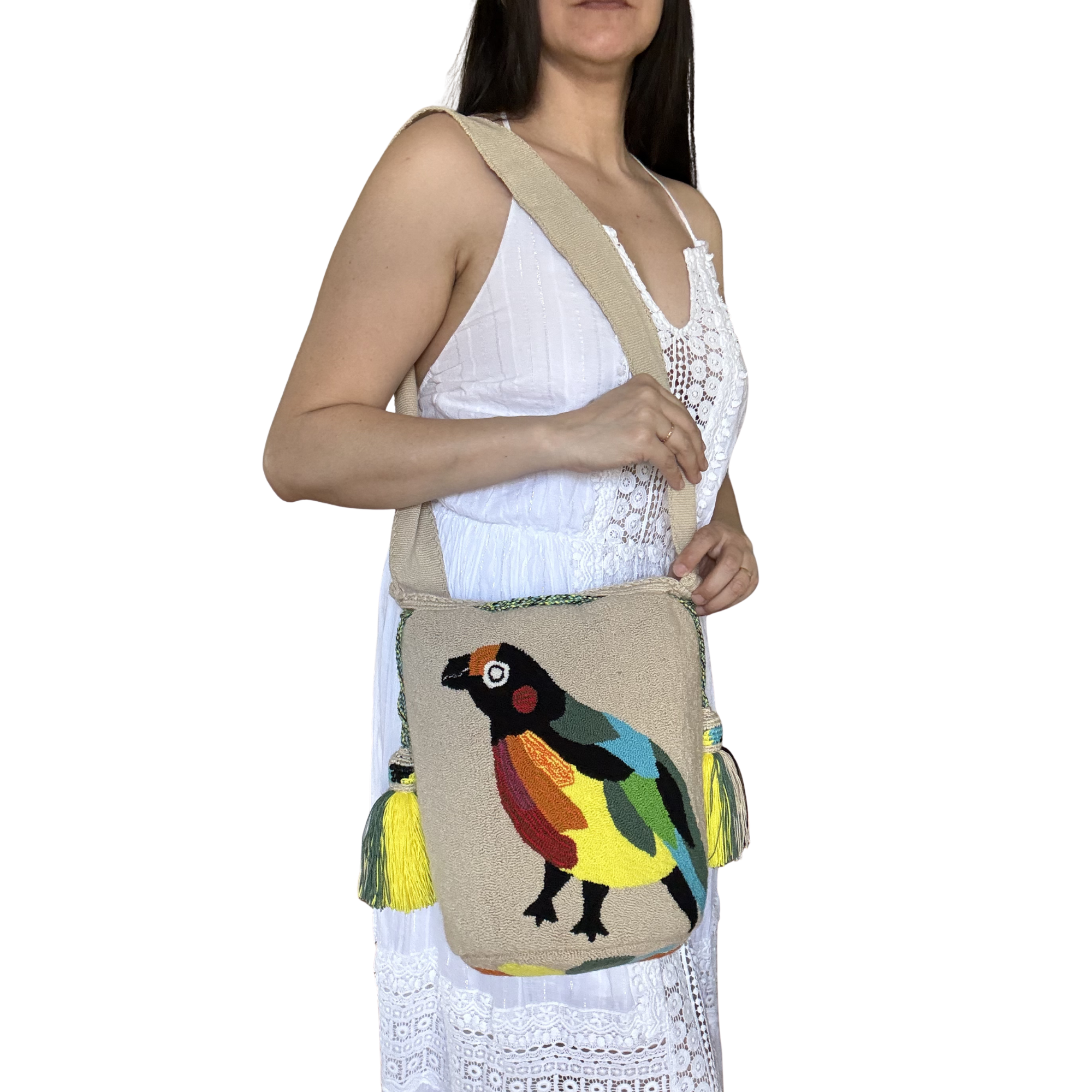 Handmade Wayuu Bird Bag – Ivory Mochila Crossbody, Artistic Night-Inspired Design.