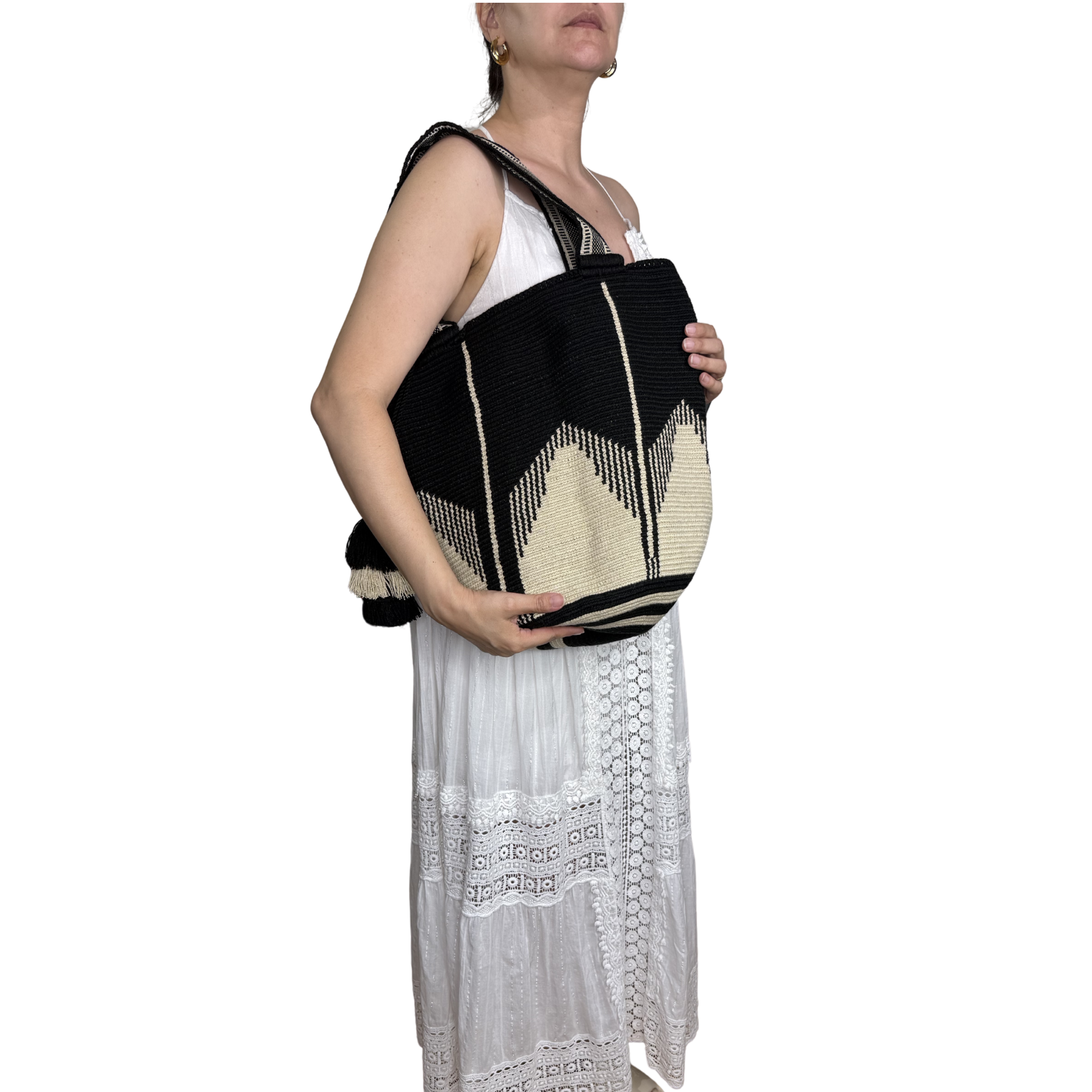 Handmade Wayuu Mochilón Tote – Geometric Earth Tone Crochet Shoulder Bag