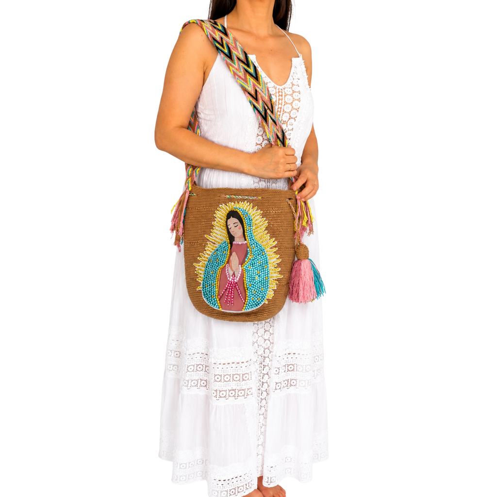 Handmade Crochet Virgin Mary Bag with Stonefix – Camel Brown Artisan Crossbody Mochila