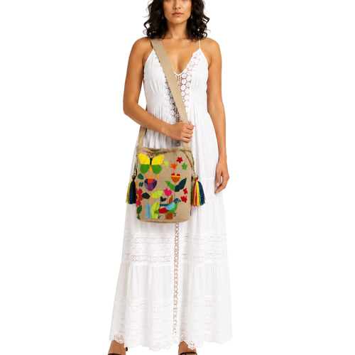 Handmade Butterfly Garden Wayuu Crossbody Bag – Colorful Floral Artisan Crochet Mochila