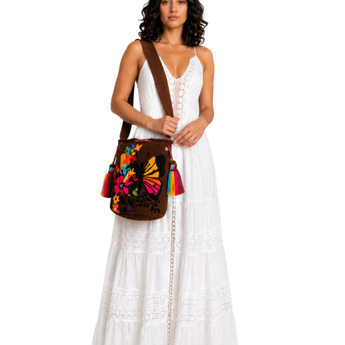 Handmade Butterfly Garden Wayuu Crossbody Bag – Dark Chocolate Floral Artisan Mochila