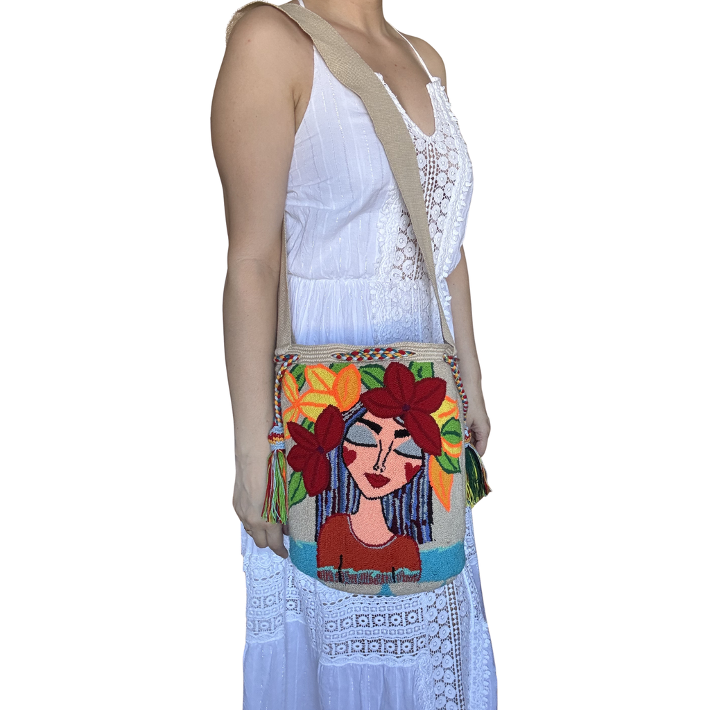 Handmade Wayuu Crossbody Bag – Floral Woman Portrait, Colorful Artisan Shoulder Bag