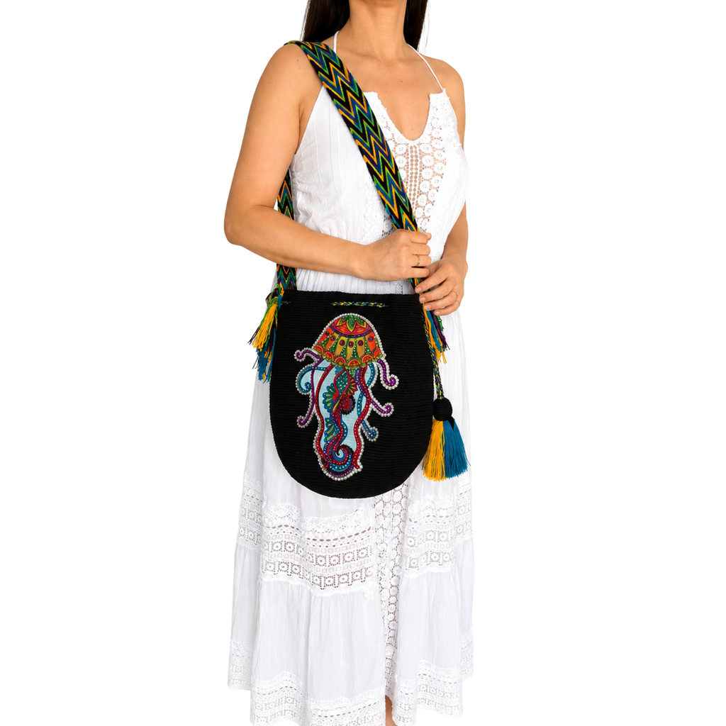 Handmade Crochet Jellyfish Bag with Stonefix – Black Artisan Crossbody Mochila