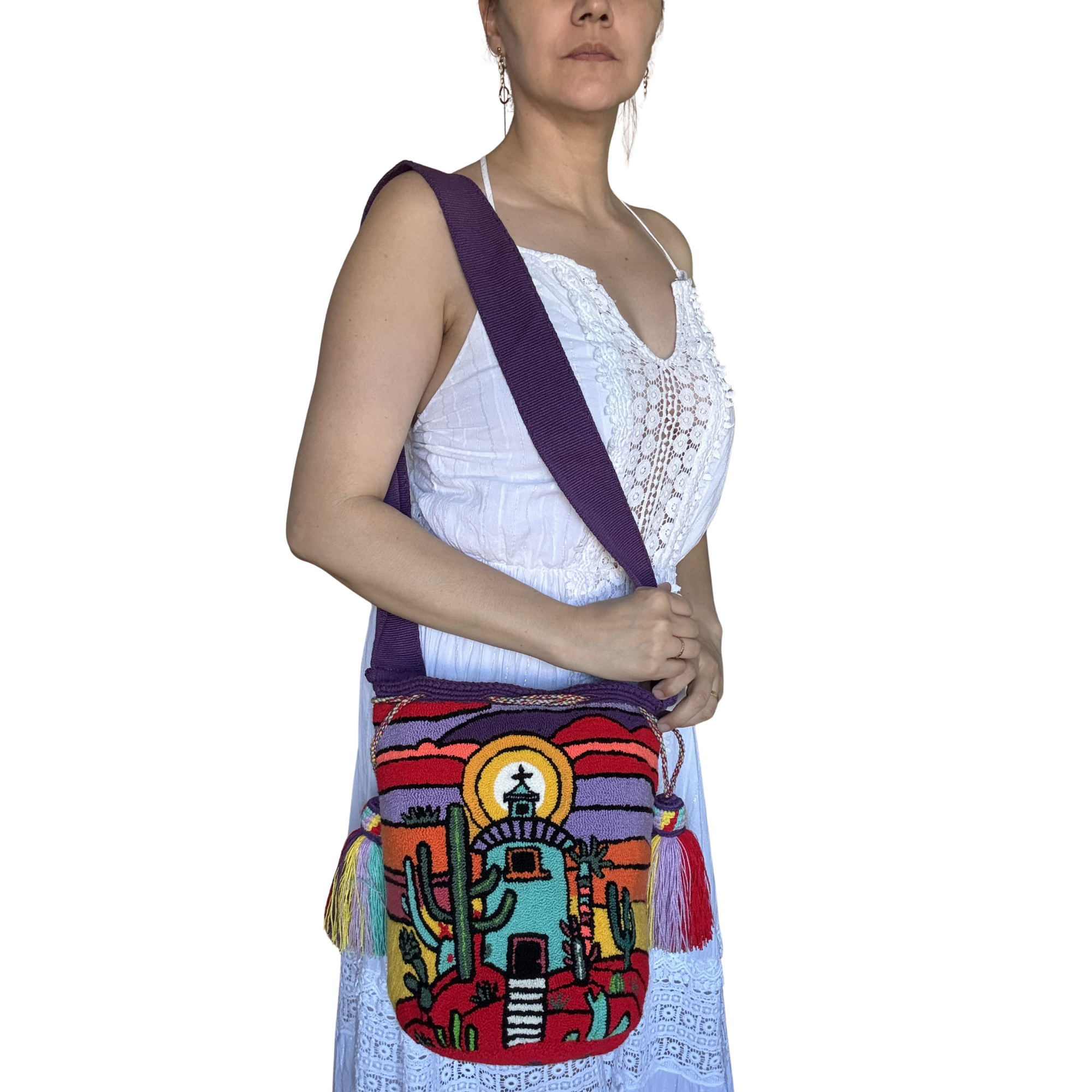 Handmade Desert Chapel Wayuu Bag – Southwestern Sunset Crochet Crossbody Mochila