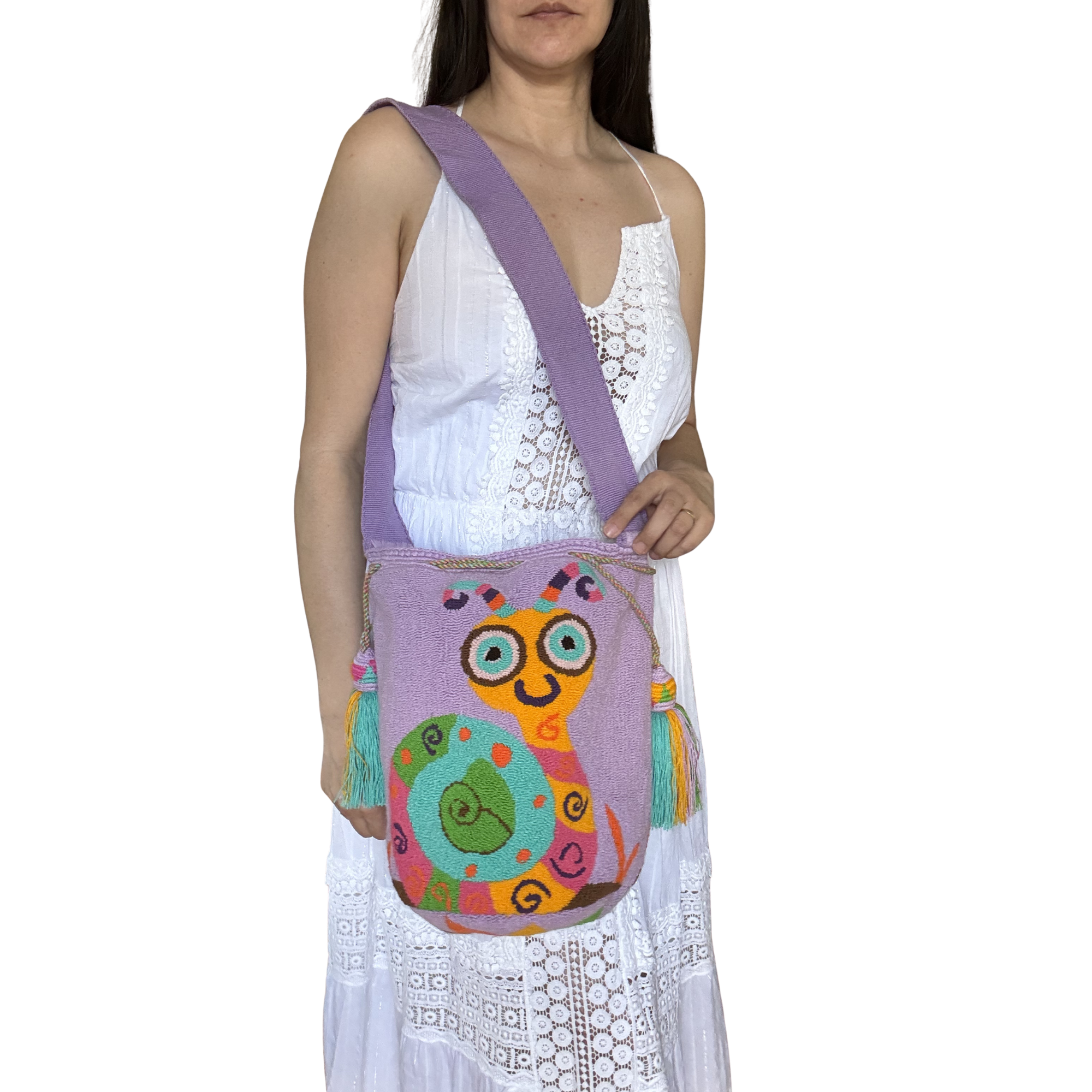 Handmade Wayuu Snail Bag – Lavender Mochila Crossbody, Colorful Artisan Animal Design