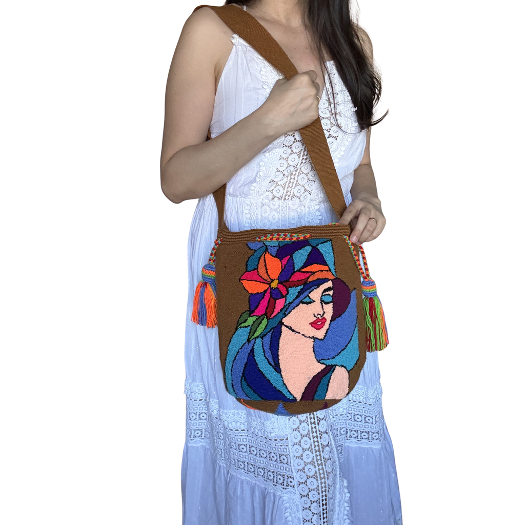 Handmade Wayuu Crossbody Bag – Floral Portrait in Brown, Artistic Boho Shoulder Bag