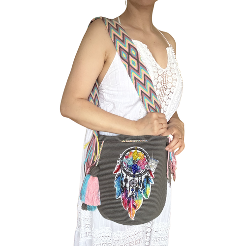 Beaded Dreamcatcher Wayuu Crossbody Bag – Handmade Crochet Bucket Purse