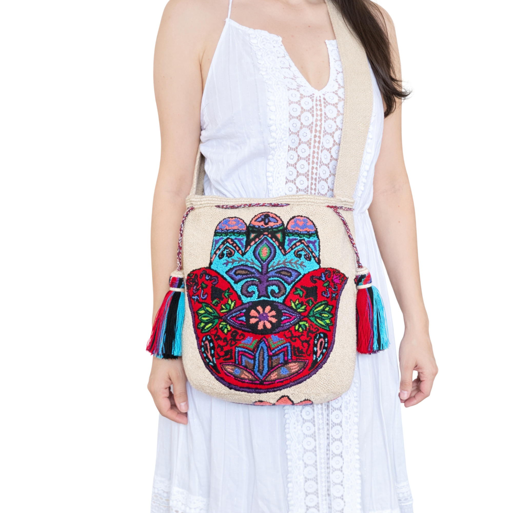 Handmade Wayuu Bag – Turquoise Hamsa Hand Inspired Mochila Crossbody, Artisan Woven Statement Bag
