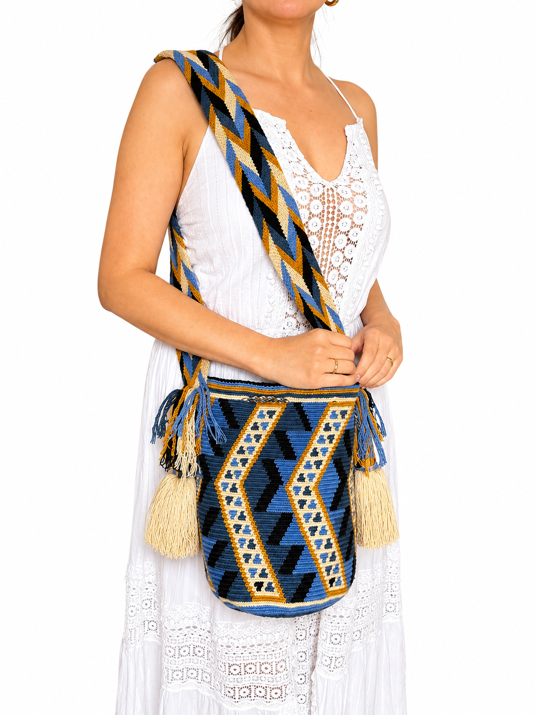 Handmade Wayuu Crossbody Bag – Geometric Crochet Bucket Bag, Colombian Artisan Shoulder Purse