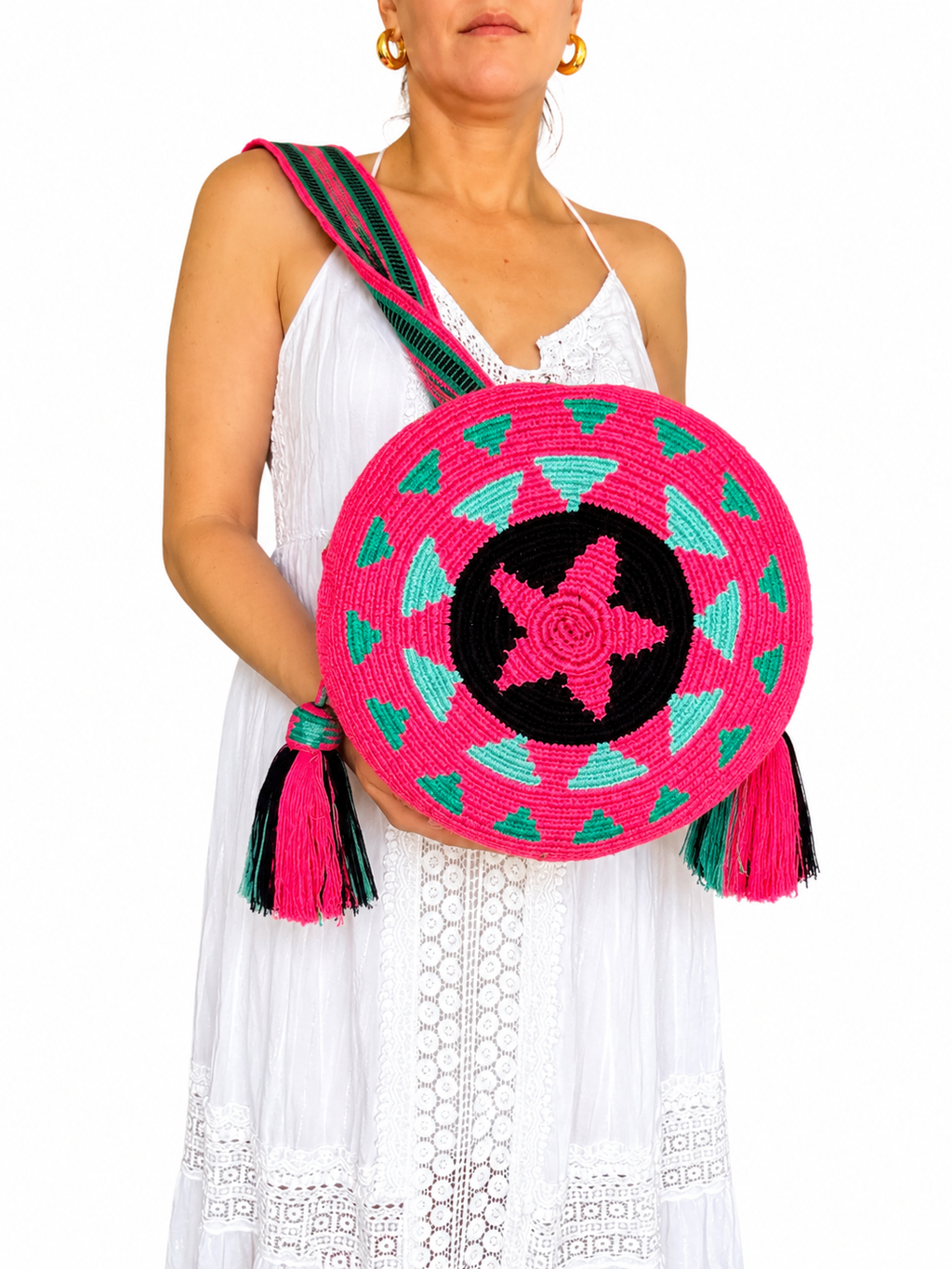 Handmade Wayuu Crossbody Bag – Geometric Crochet Bucket Bag, Colombian Artisan Shoulder Purse