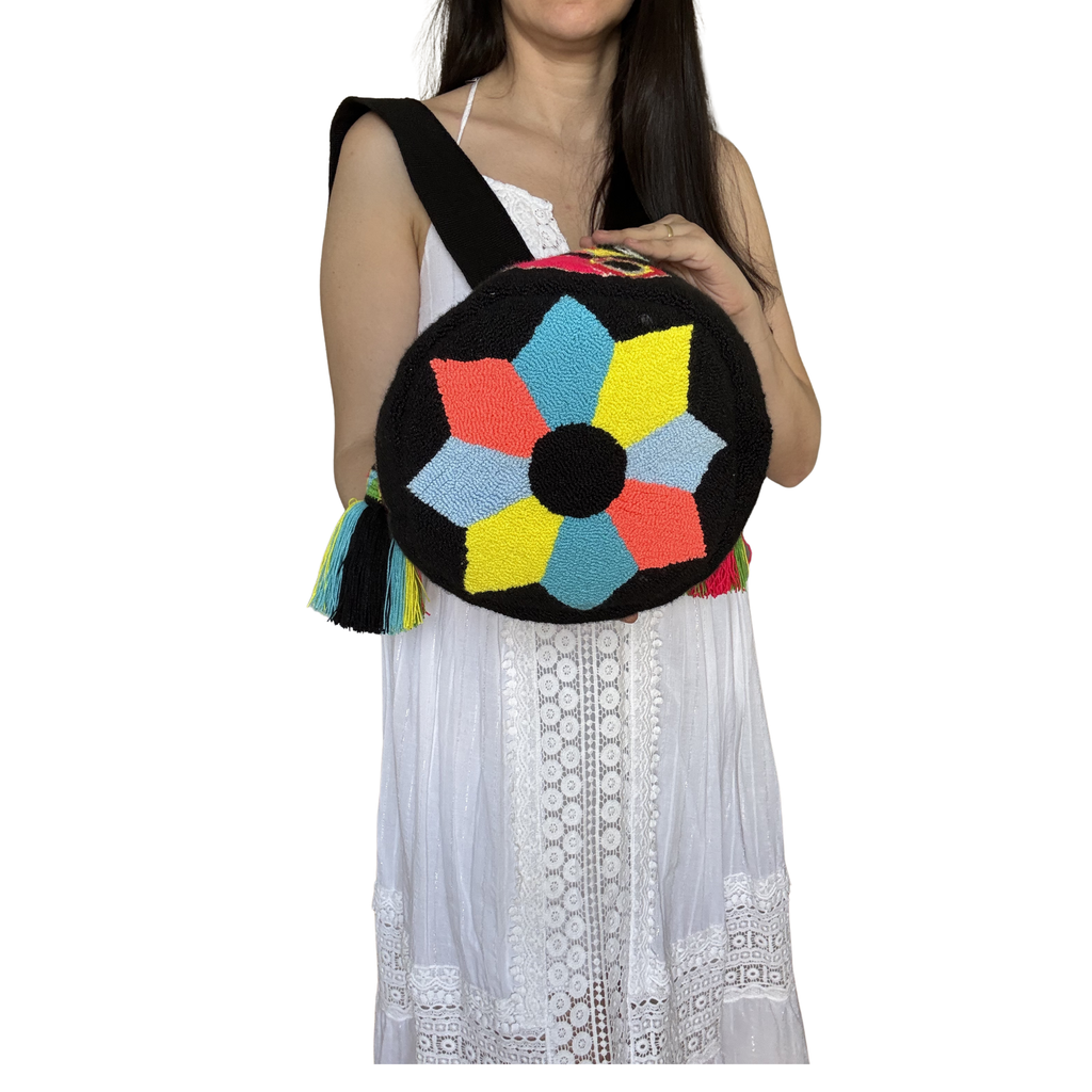 Handmade Wayuu Fish Bag – Black Mochila Crossbody, Colorful Ocean-Inspired Artisan Design