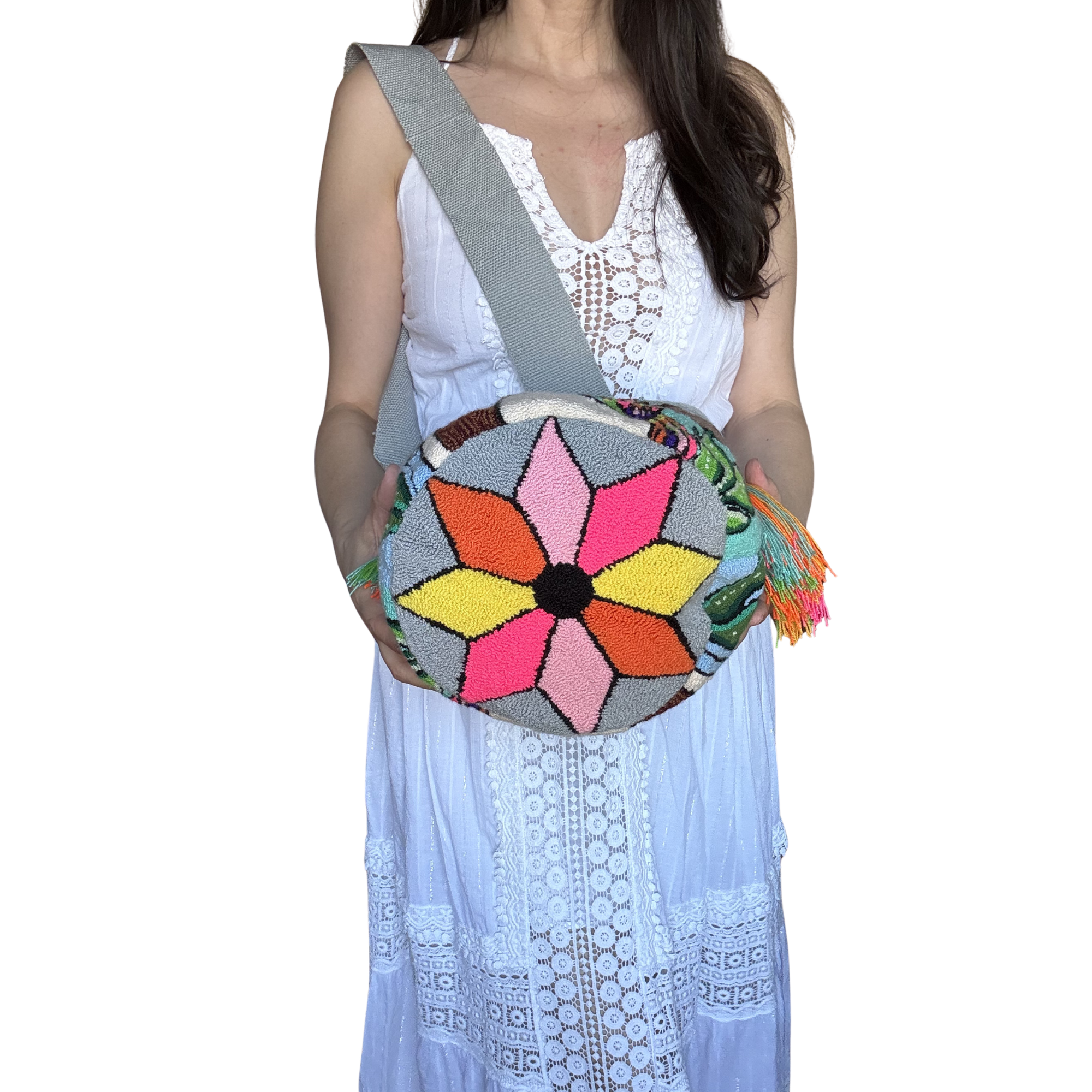 Handmade Wayuu Crossbody Bag – Floral Portrait with Bird, Artistic Artisan Shoulder Bag