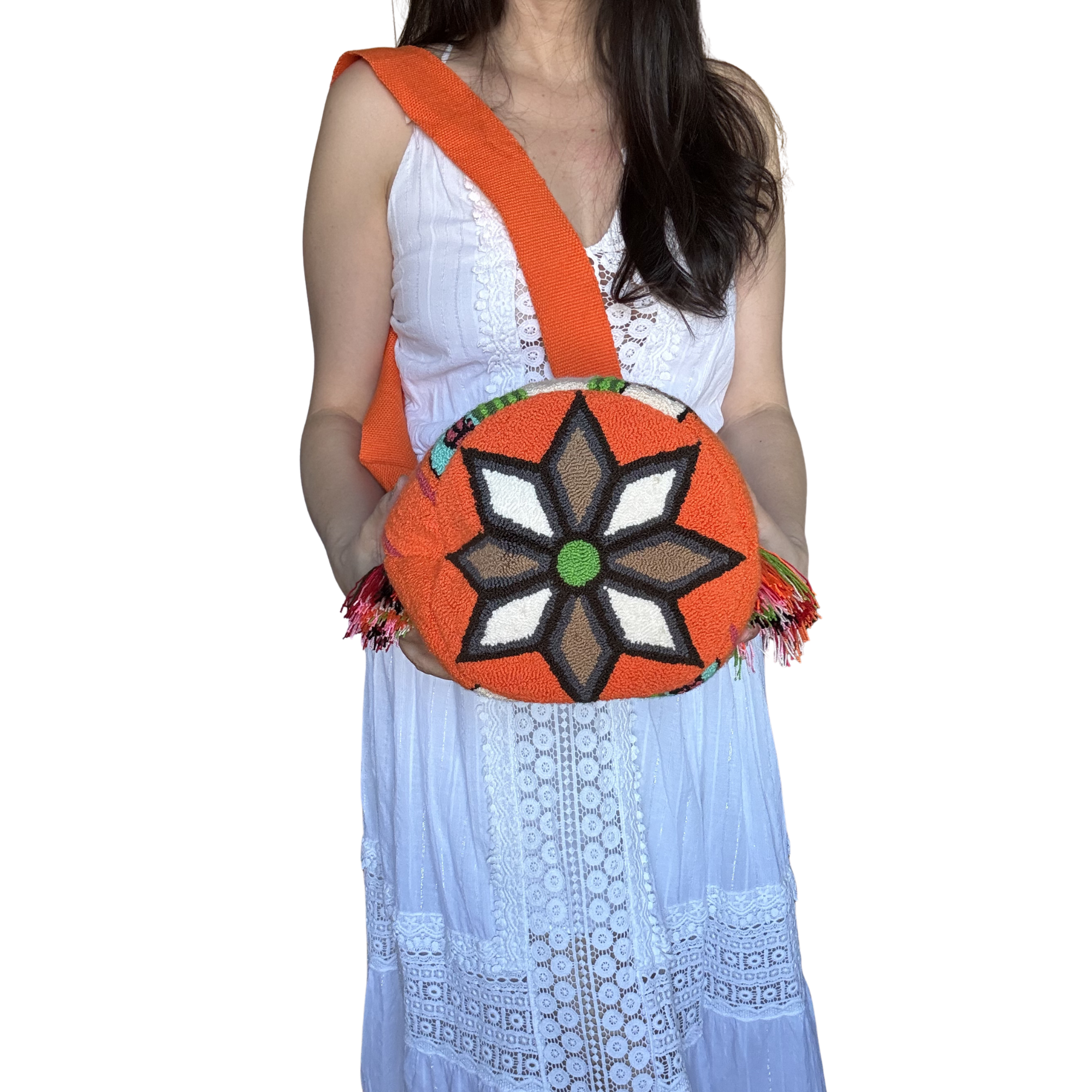 Handmade Wayuu Crossbody Bag – Orange Artistic Portrait, Floral Artisan Shoulder Bag