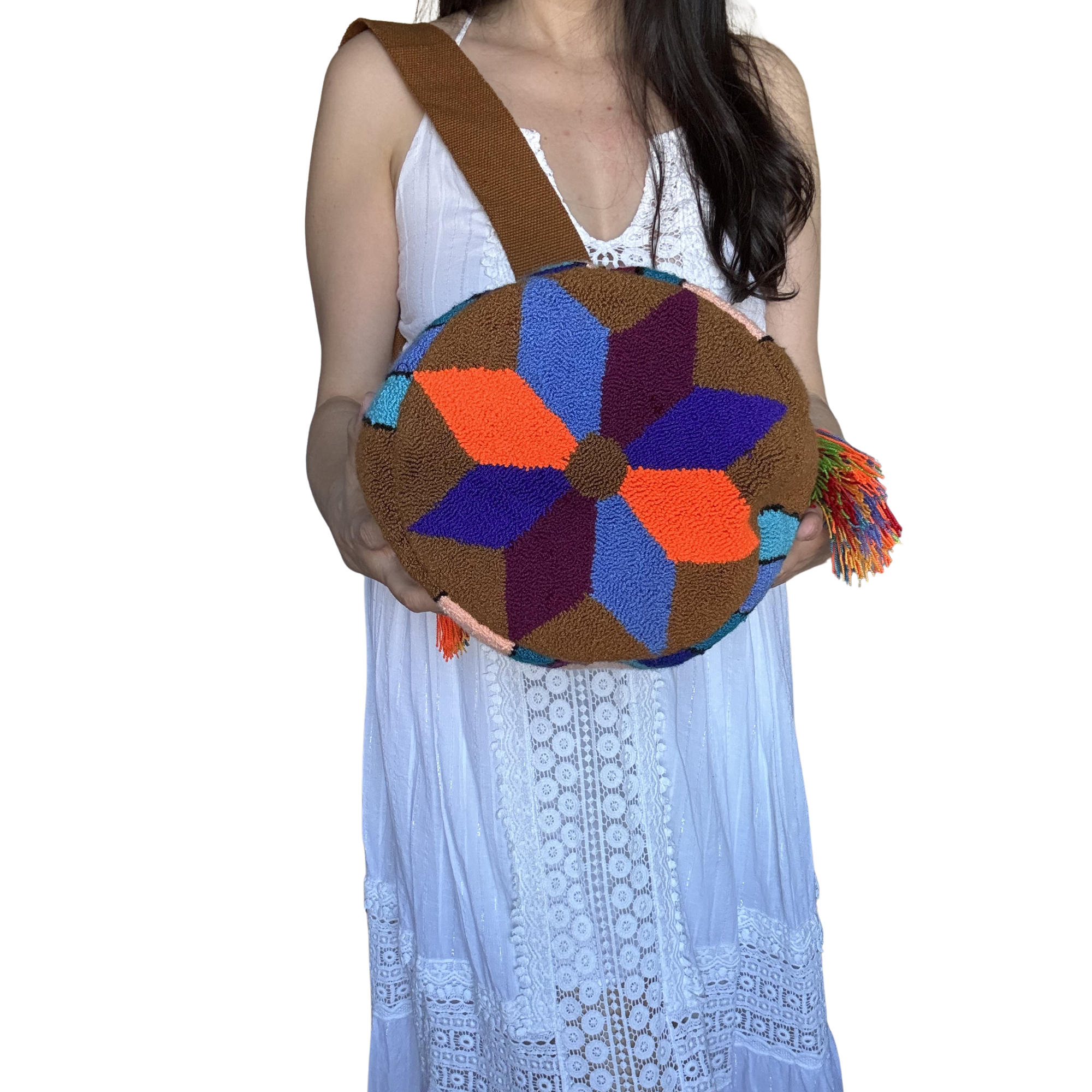 Handmade Wayuu Crossbody Bag – Floral Portrait in Brown, Artistic Boho Shoulder Bag