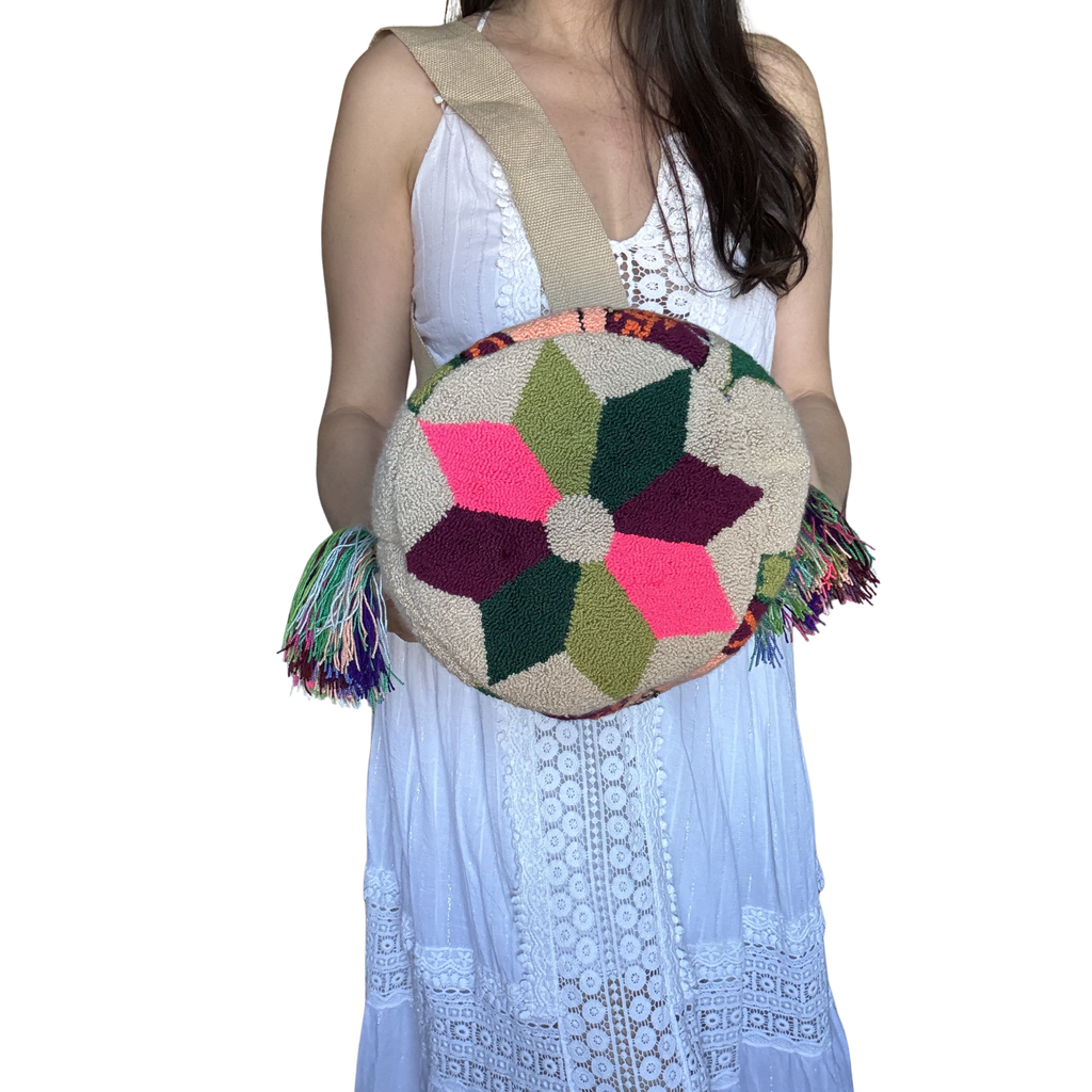 Handmade Wayuu Crossbody Bag – Floral Crown Portrait, Boho Artisan Shoulder Bag