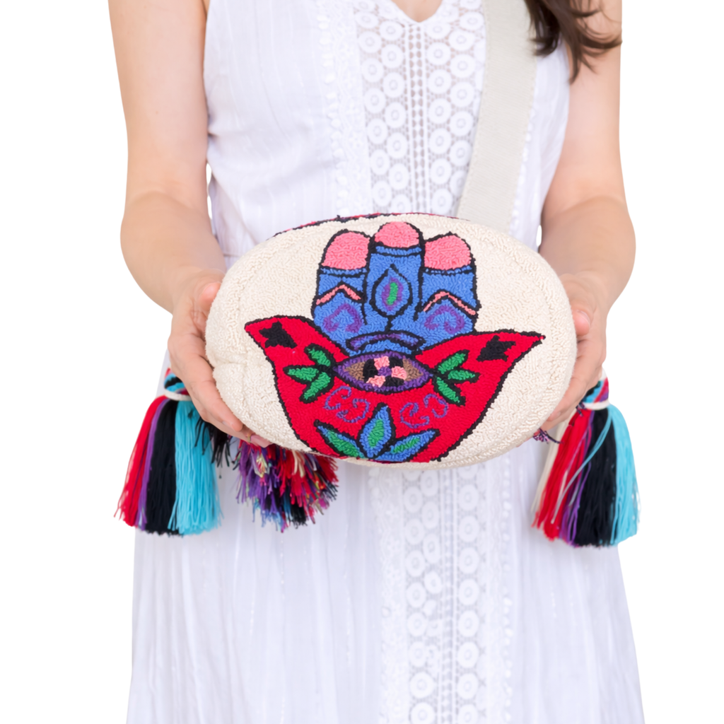Handmade Wayuu Bag – Turquoise Hamsa Hand Inspired Mochila Crossbody, Artisan Woven Statement Bag