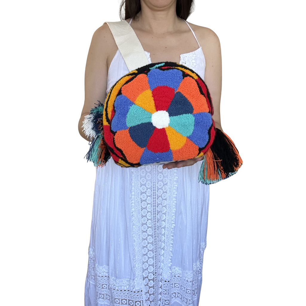 Handmade Cat Art Wayuu Crossbody Bag – Colorful Artisan Crochet Mochila Purse