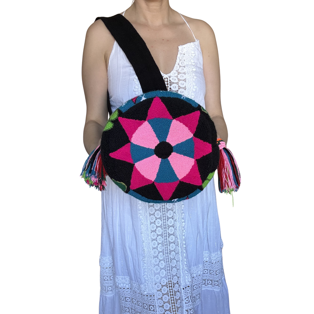 Handmade Wayuu Crossbody Bag – Pink Hair Woman Portrait, Floral Artisan Shoulder Bag