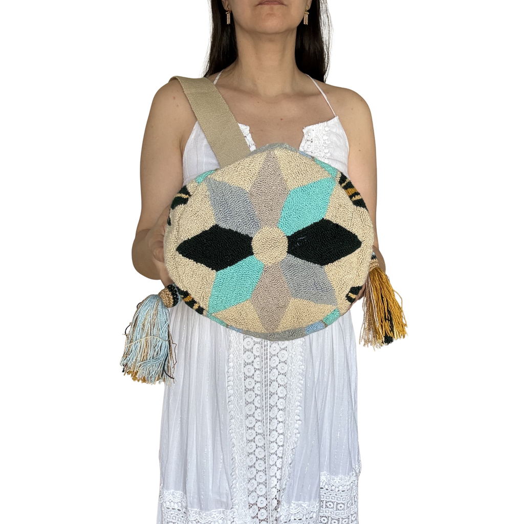 Handmade Virgin Mary Wayuu Crossbody Bag – Spiritual Artisan Crochet Mochila Purse