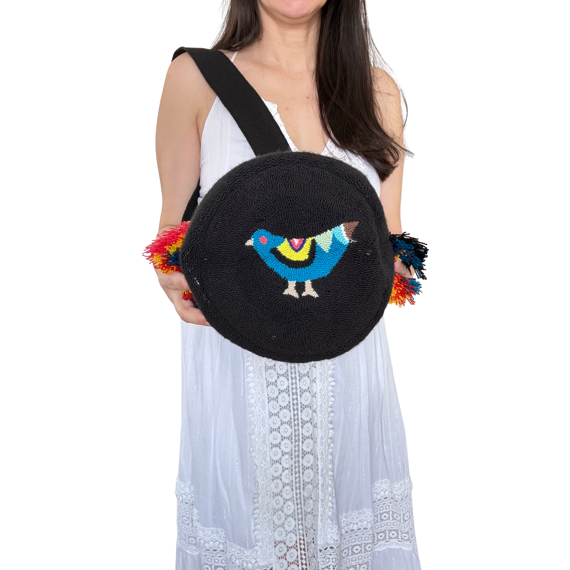 Handmade Wayuu Bird Bag – Black Mochila Crossbody, Colorful Artisan Woven Statement Bag