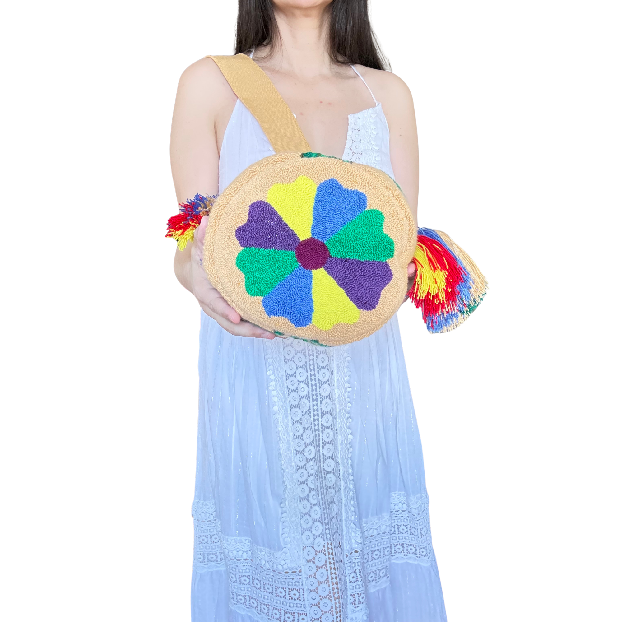Handmade Wayuu Heart Bag – Ivory Floral Mochila Crossbody, Colorful Artisan Woven Statement Bag