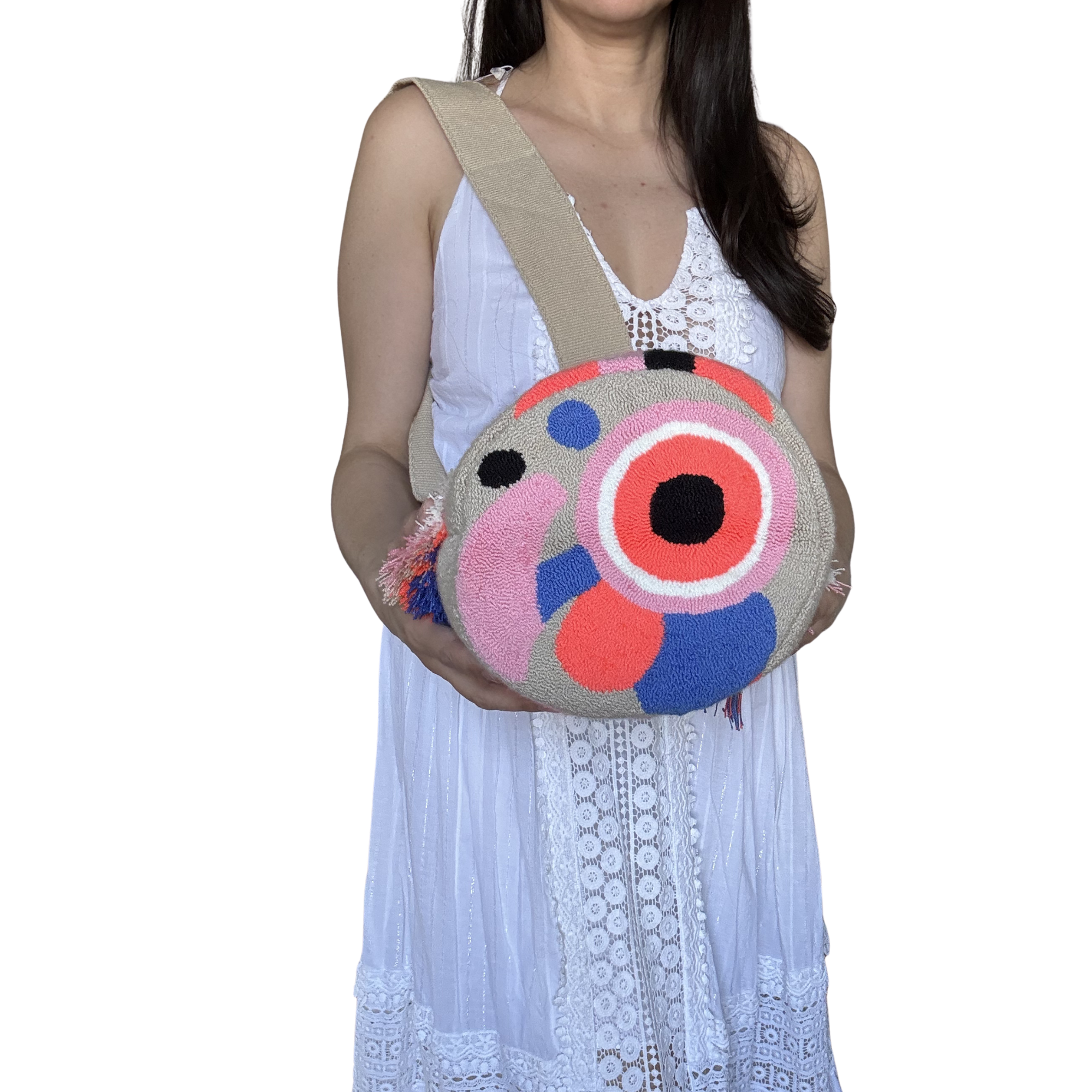 Handmade Wayuu Face Bag – Beige Mochila Crossbody, Artistic Portrait Design