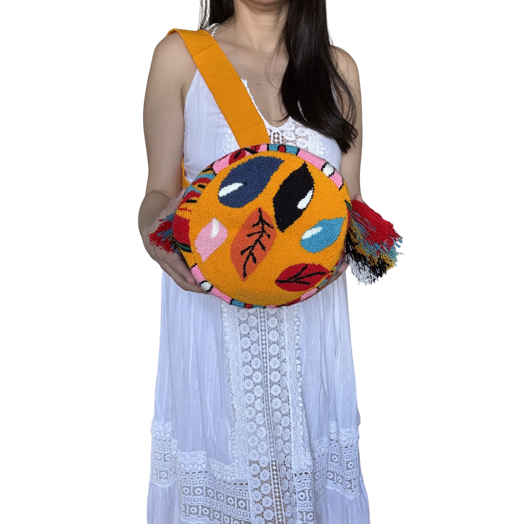 Handmade Wayuu Frida-Inspired Face Bag – Yellow Mochila Crossbody, Artistic Portrait Design