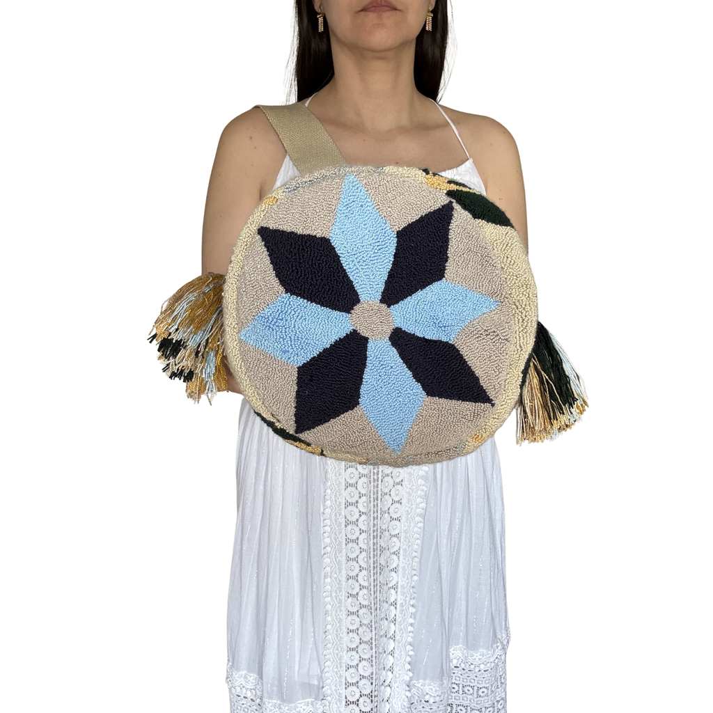 Handmade Spiritual Wayuu inspired Crossbody Bag – Beige Artisan Mochila with Sacred Feminine Design