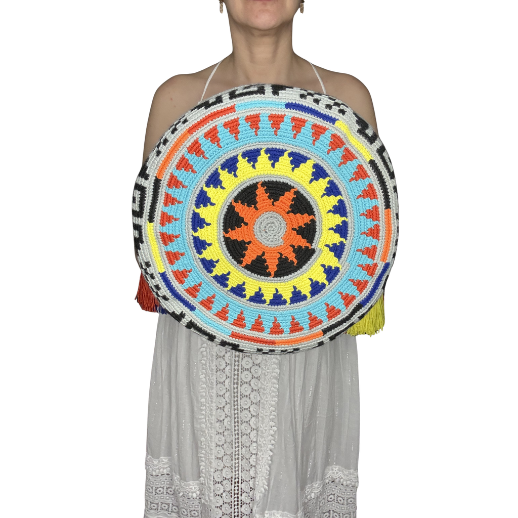 Handmade Wayuu Dragonfly Crossbody Bag – Gray Artisan Mochila with Colorful Butterfly Wings Design