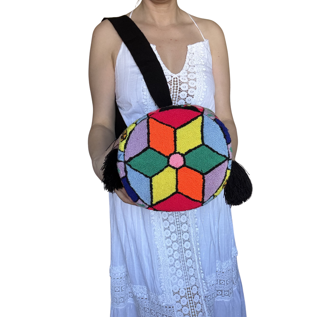 Handmade Wayuu Crossbody Bag – Colorful Cat Patchwork Design, Playful Artisan Shoulder Bag