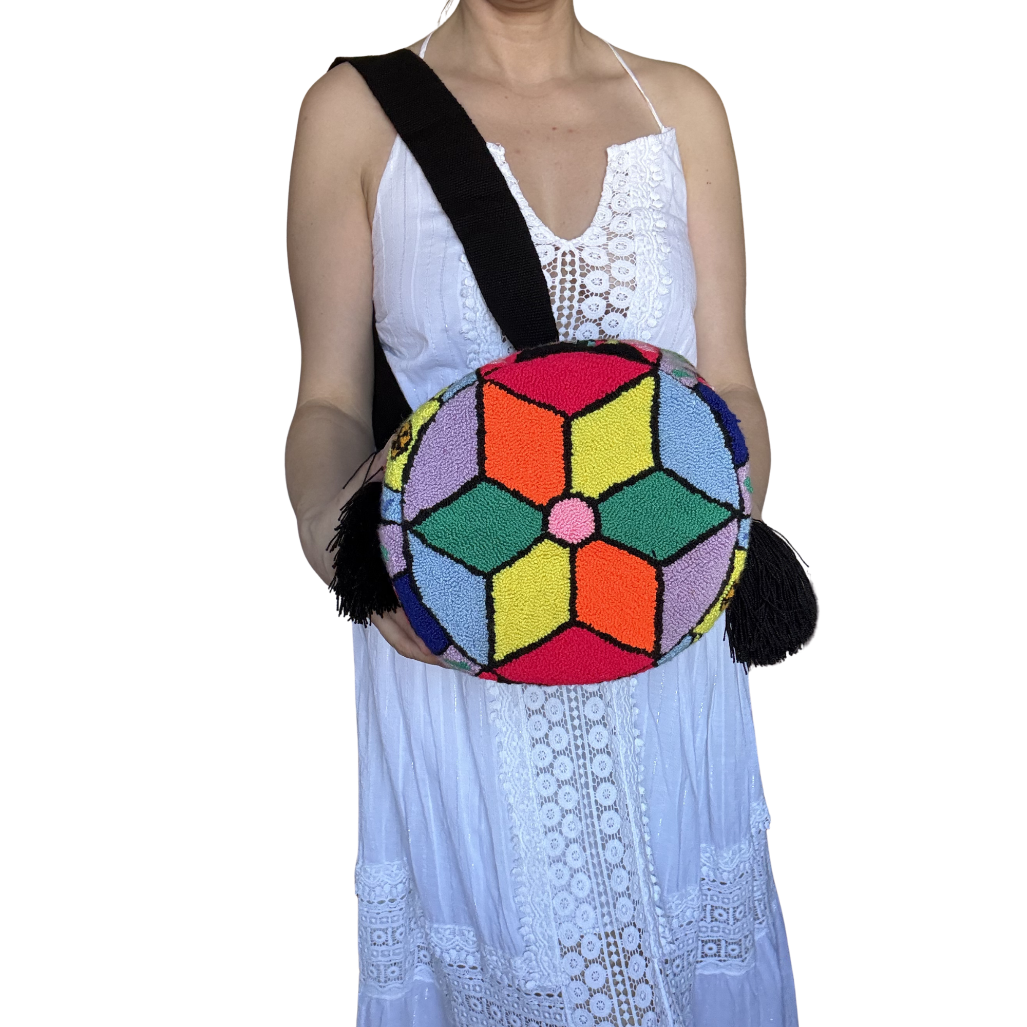 Handmade Wayuu Crossbody Bag – Colorful Cat Patchwork Design, Playful Artisan Shoulder Bag