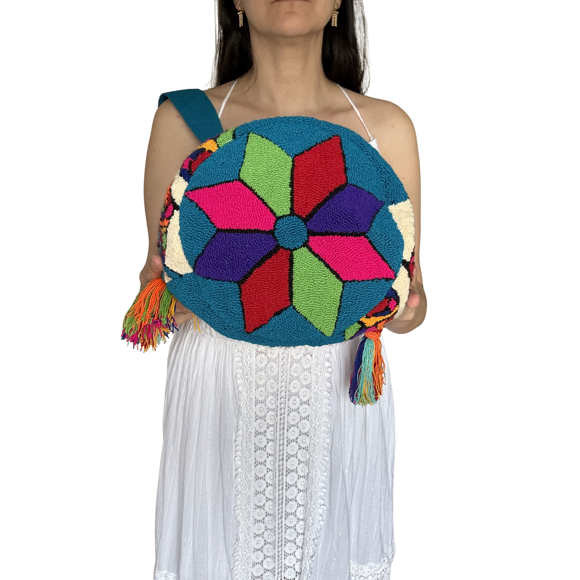 Handmade Frida-Inspired Wayuu Crossbody Bag – Artistic Blue Crochet Mochila with Floral Portrait