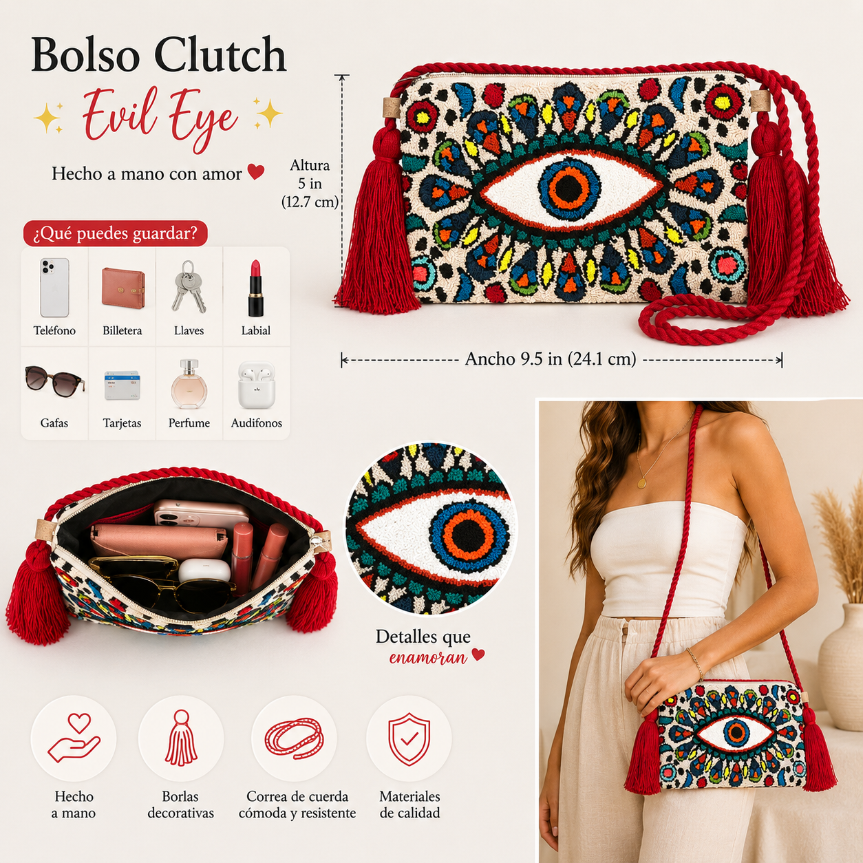 Handmade Turkish Eye Punch Needle Crossbody Bag – Evil Eye Artisan Clutch Purse