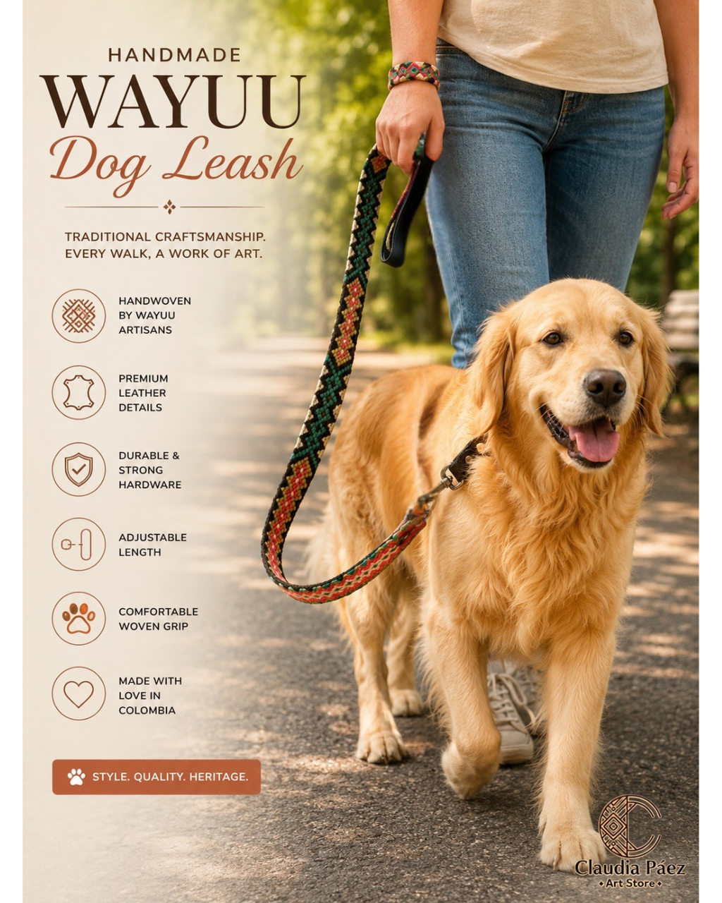 Handwoven Wayuu Big Dog Leash – Adjustable Artisan Pet Leash – Handmade in Colombia